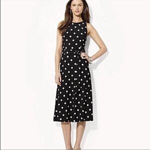 Lauren Ralph Lauren Polka Dot Midi Dress Size 8 Sleeveless Belted Fit & Flare